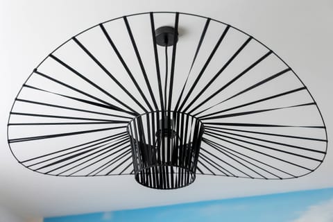 The designer chandelier with black spokes adds a modern touch to the décor.