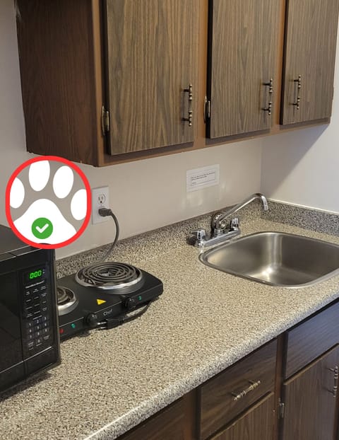 Standard Room, 2 Queens with Kitchenette (Pet Friendly) | Private kitchen | Fridge, microwave, coffee/tea maker, cleaning supplies