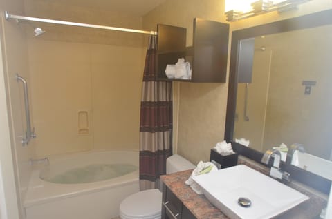 Combined shower/tub, jetted tub, designer toiletries, hair dryer