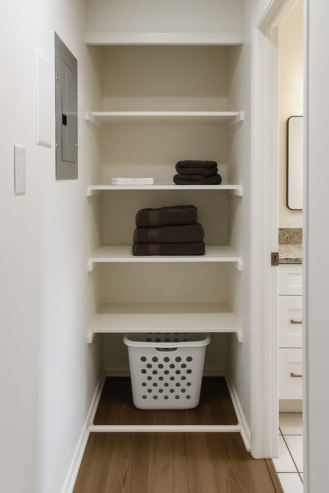 Laundry nook with fresh towels and a hamper for your convenience.