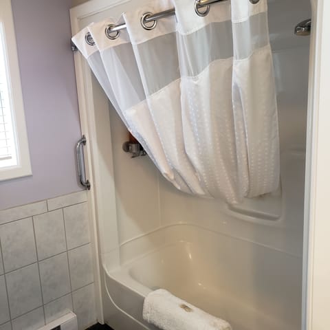 Combined shower/tub, deep soaking tub, free toiletries, hair dryer