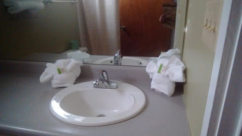 Combined shower/tub, free toiletries, towels