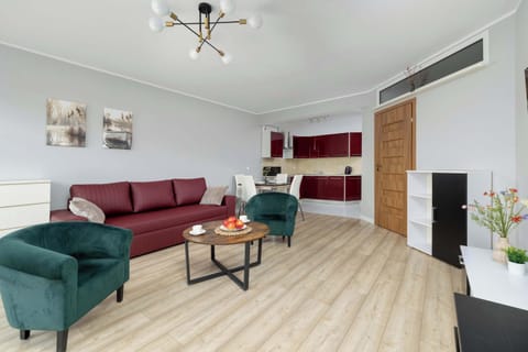 Living room with a fold-out sofa bed, two armchairs, coffee table, TV and kitchenette.