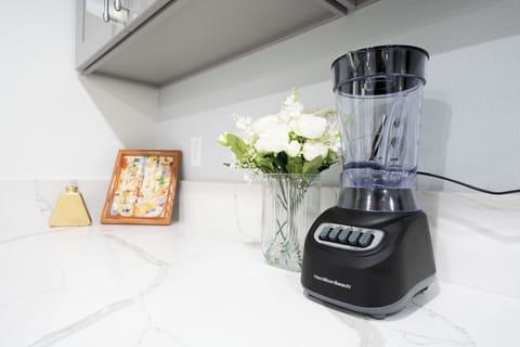 Sleek countertop space featuring a blender.