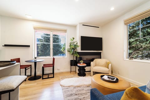 Living room with fireplace, TV, and a sleeper sofa for additional guests.