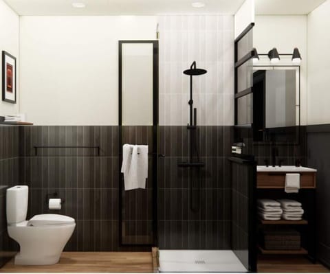 Shower, designer toiletries, bathrobes, towels