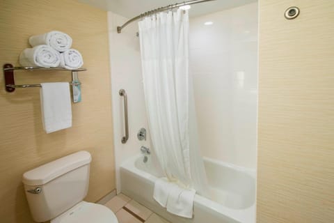 Combined shower/tub, free toiletries, hair dryer, towels