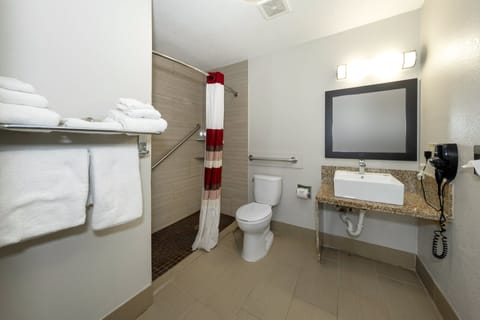 Superior Room, 1 King Bed, Accessible (Roll-In Shower, Smoke Free) | Bathroom | Shower, hair dryer, towels