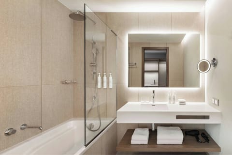 Hair dryer, towels, soap, shampoo