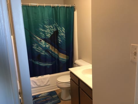 Combined shower/tub, free toiletries, hair dryer, towels