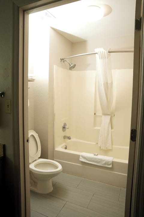 Combined shower/tub, free toiletries, hair dryer, towels