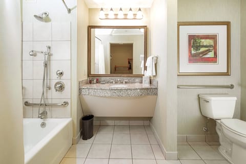 Separate tub and shower, designer toiletries, hair dryer, towels