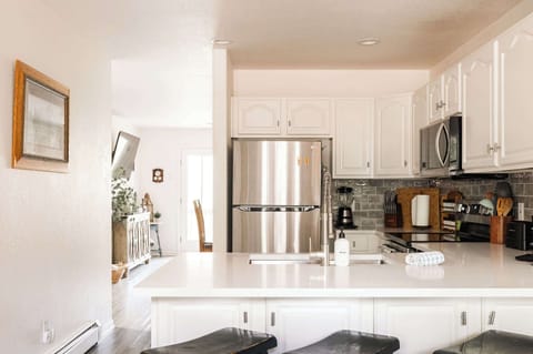 Open kitchen with bar-style seating at the kitchen counter