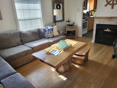 Gas fireplace and smart TV in Living Room.