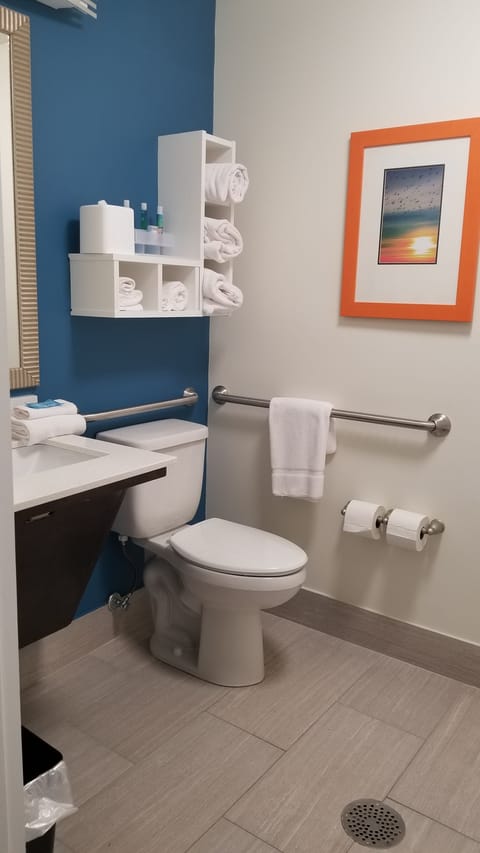 Combined shower/tub, free toiletries, hair dryer, towels