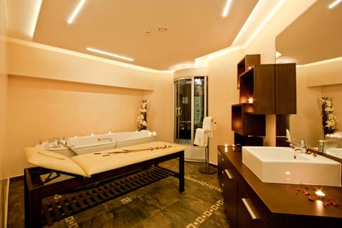 Sauna, spa tub, steam room, body treatments, facials, massages