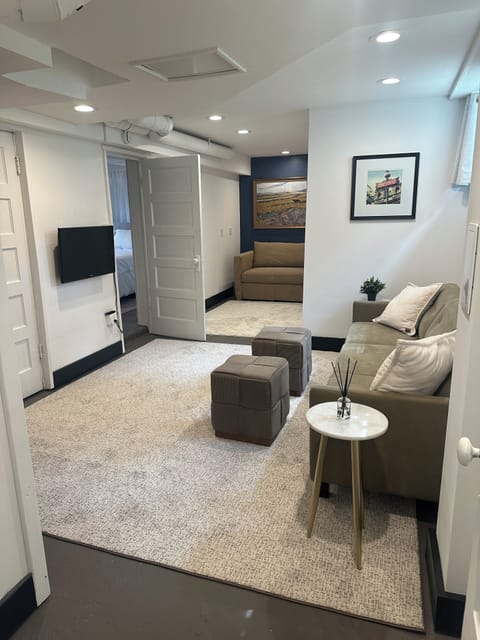 Living room with couch, Roku TV, Chair with single bed pullout, and door BR.