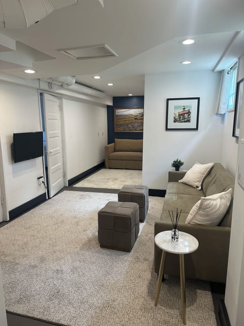 Living room with couch, Roku TV, Chair with single bed pullout.