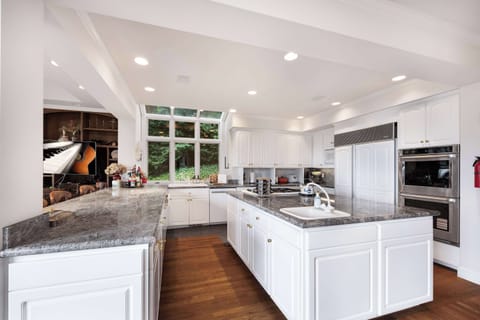 Chef's dream kitchen - white cabinetry with granite island, professional appliances, and garden views through expansive windows.