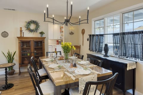 Elegant dining area set for six.
