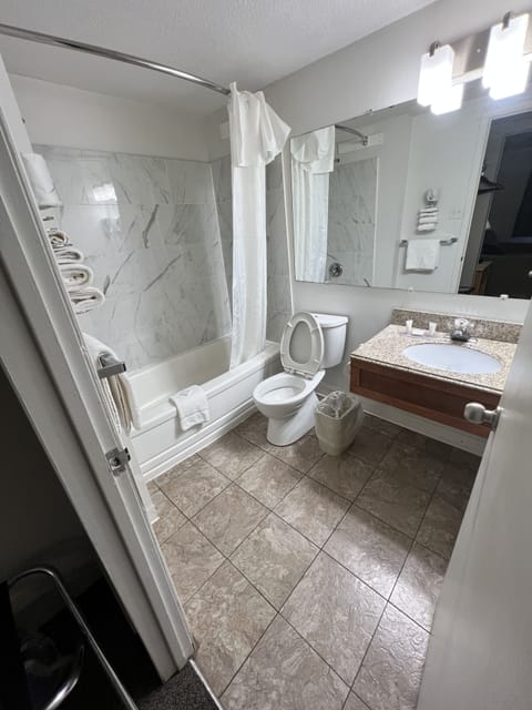 Combined shower/tub, free toiletries, hair dryer, towels