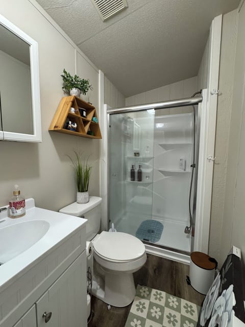 Walk in shower, shampoo, conditioner and soap.