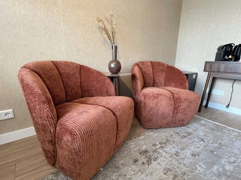 Cozy seating area with two plush rust-colored chairs and a modern vase on a side table.