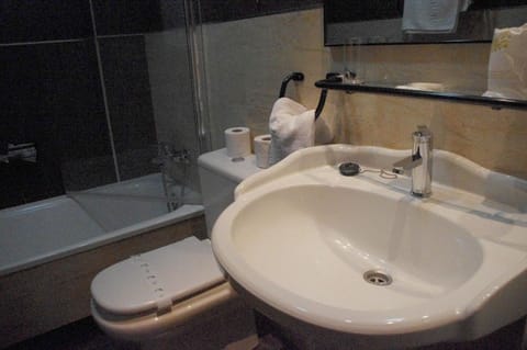 Combined shower/tub, free toiletries, hair dryer