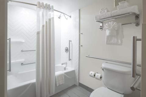 Combined shower/tub, free toiletries, hair dryer, towels