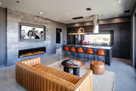 Television and fireplace.