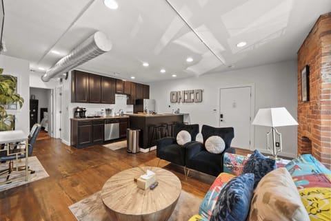 Curl up in the chic living room & stream your favorites on the smart TV