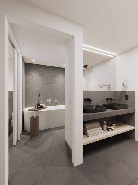 Separate tub and shower, hair dryer, towels, soap