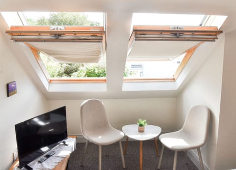 Skellig Fuchsia Lodge Ballinskelligs. Attic room, velux windows, modern seating.