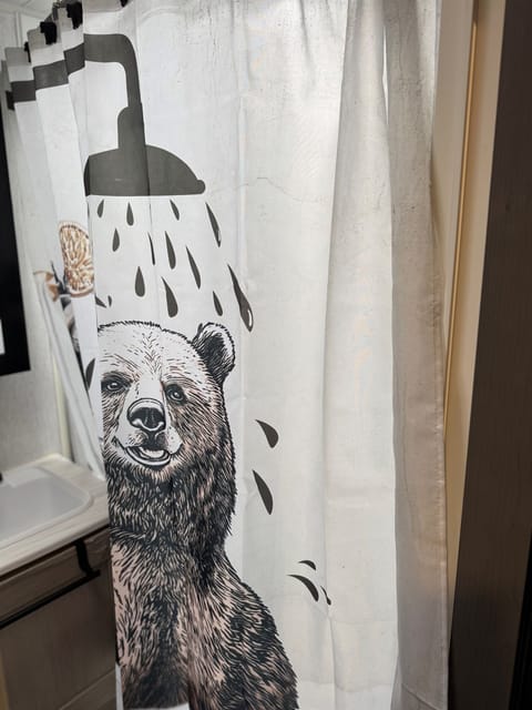 Bear‑themed bathroom with full amenities — just bring yourself.