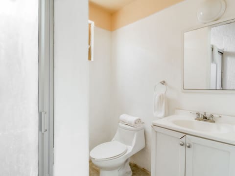 Standard Room, 2 Double Beds | Bathroom | Shower, towels, soap, shampoo