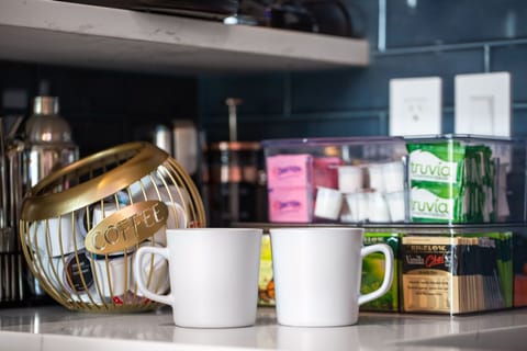 Keurig coffee machine + drip coffee machine + French press with complimentary coffee pods, coffee, tea, sugar, cream, and sweetener