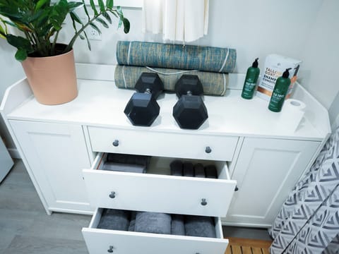 Towels, Yoga mats, 25# free weights