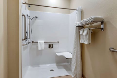 Combined shower/tub, free toiletries, hair dryer, towels