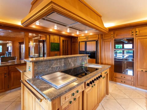 Wood, Kitchen, Interior Design, Flooring, Countertop, Cabinetry, Ceiling, Floor, Lighting, Wood Stain