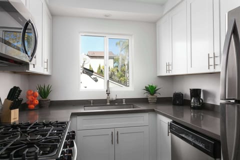 Modern kitchen with stainless steel appliances and sleek cabinets