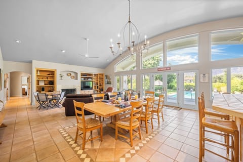 Dining area with adjacent living room.