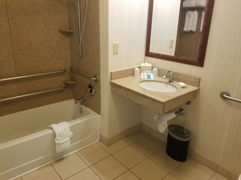 Combined shower/tub, free toiletries, hair dryer, towels