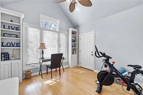 Stay active with the convenient exercise bike and enjoy lake views while you work out.