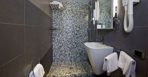 Shower, eco-friendly toiletries, hair dryer, towels