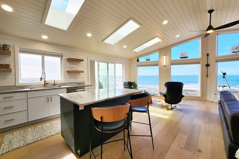 Kitchen island is the perfect perch to enjoy a cup of morning tea.