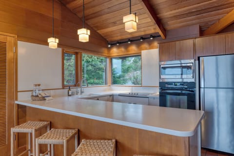 Kitchen with stainless steel appliances.