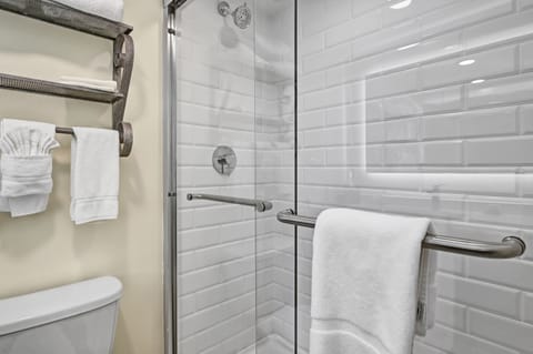 Combined shower/tub, hair dryer, towels