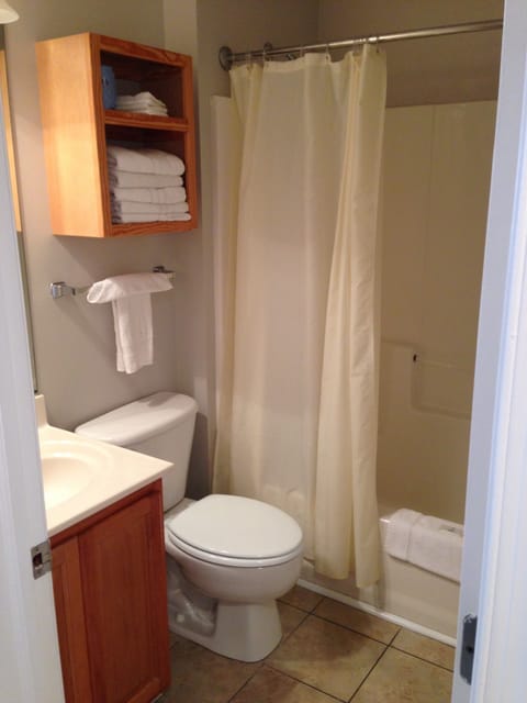 Combined shower/tub, towels