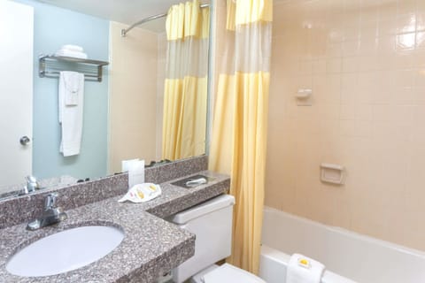 Combined shower/tub, free toiletries, hair dryer, towels