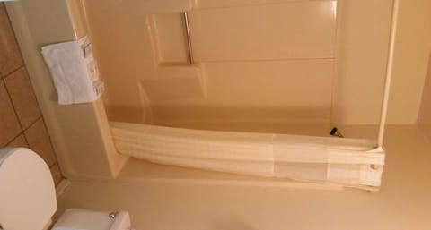 Combined shower/tub, deep soaking tub, free toiletries, hair dryer